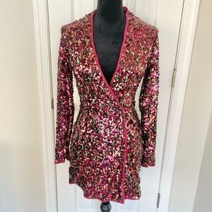PRETTYLITTLETHING Burgundy Sequin Long Sleeve Blazer Mini Dress NEW Size 4